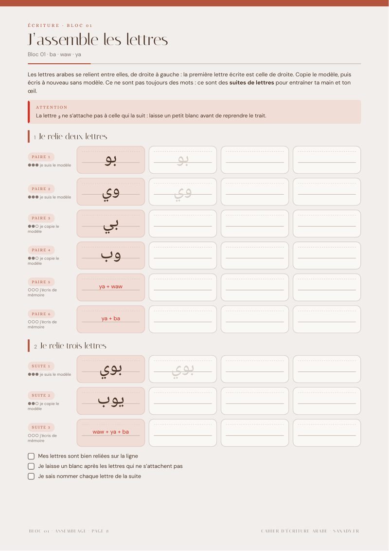 Page 8 du PDF Sanady : exercices pour relier les lettres ba, waw et ya, deux par deux puis trois par trois