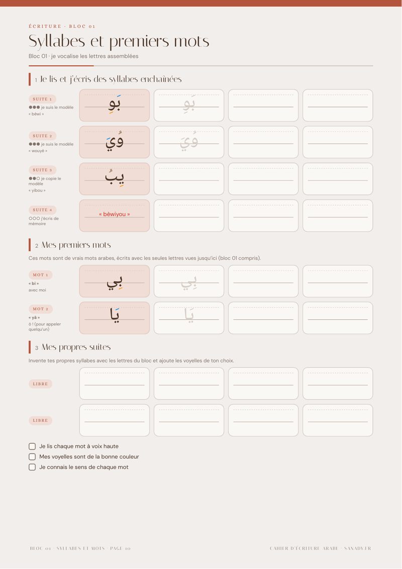 Page 10 du PDF Sanady : syllabes enchaînées et premiers mots à copier sur la feuille d'écriture arabe